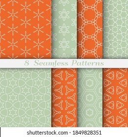 Seamless pattern set in arabic style. Stylish geometric line art white on colorful background. Repeating hexagonal texture for wallpaper, card, invitation, banner, fabric print. Tribal ethnic ornament