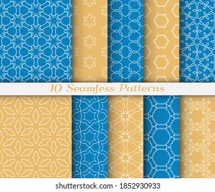 Seamless pattern set in arabic style. Stylish graphic colored geometric linear background. Line art texture for wallpaper, card, invitation, banner, fabric print. Ethnic ornament, vector illustration