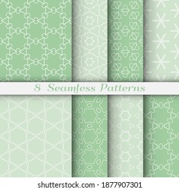 Seamless pattern set in arabic style. Stylish geometric line art white on colorful background. Repeating hexagonal texture for wallpaper, card, invitation, banner, fabric print. Tribal ethnic ornament