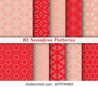 Seamless pattern set in arabic style. Stylish graphic colored geometric linear background. Line art texture for wallpaper, card, invitation, banner, fabric print. Ethnic ornament, vector illustration