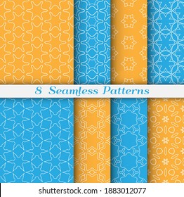 Seamless pattern set in arabic style. Stylish geometric line art white on colorful background. Repeating hexagonal texture for wallpaper, card, invitation, banner, fabric print. Tribal ethnic ornament