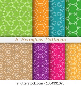 Seamless pattern set in arabic style. Stylish geometric line art white on colorful background. Repeating hexagonal texture for wallpaper, card, invitation, banner, fabric print. Tribal ethnic ornament