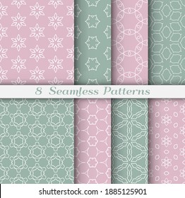 Seamless pattern set in arabic style. Stylish geometric line art white on colorful background. Repeating hexagonal texture for wallpaper, card, invitation, banner, fabric print. Tribal ethnic ornament