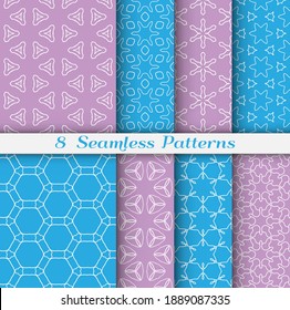 Seamless pattern set in arabic style. Stylish geometric line art white on colorful background. Repeating hexagonal texture for wallpaper, card, invitation, banner, fabric print. Tribal ethnic ornament