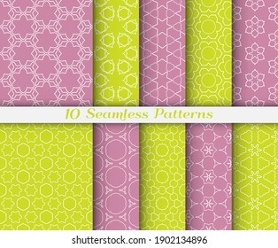 Seamless pattern set in arabic style. Stylish graphic colored geometric linear background. Line art texture for wallpaper, card, invitation, banner, fabric print. Ethnic ornament, vector illustration