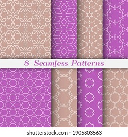 Seamless pattern set in arabic style. Stylish geometric line art white on colorful background. Repeating hexagonal texture for wallpaper, card, invitation, banner, fabric print. Tribal ethnic ornament