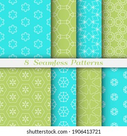 Seamless pattern set in arabic style. Stylish geometric line art white on colorful background. Repeating hexagonal texture for wallpaper, card, invitation, banner, fabric print. Tribal ethnic ornament