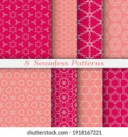 Seamless pattern set in arabic style. Stylish geometric line art white on colorful background. Repeating hexagonal texture for wallpaper, card, invitation, banner, fabric print. Tribal ethnic ornament