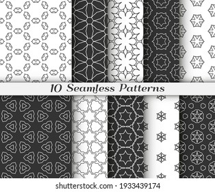 Seamless pattern set in arabic style. Stylish graphic geometric linear background. Line art texture for wallpaper, card, invitation, banner, fabric print. Black and white vector illustration