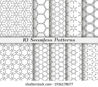 Seamless pattern set in arabic style. Stylish black and white graphic, geometric linear background. Line art texture for wallpaper, card, invitation, banner, fabric print. Ethnic ornament