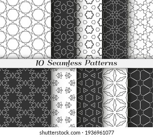Seamless pattern set in arabic style. Stylish black and white graphic, geometric linear background. Line art texture for wallpaper, card, invitation, banner, fabric print. Ethnic ornament