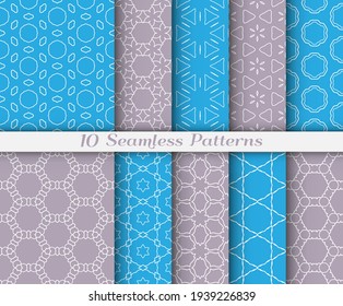 Seamless pattern set in arabic style. Stylish graphic colored geometric linear background. Line art texture for wallpaper, card, invitation, banner, fabric print. Ethnic ornament, vector illustration
