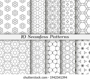 Seamless pattern set in arabic style. Stylish black and white graphic, geometric linear background. Line art texture for wallpaper, card, invitation, banner, fabric print. Ethnic ornament, vector illu
