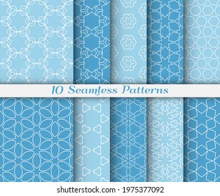 Seamless pattern set in arabic style. Stylish graphic colored geometric linear background. Line art texture for wallpaper, card, invitation, banner, fabric print. Ethnic ornament, vector illustration