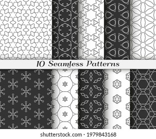 Seamless pattern set in arabic style. Stylish black and white graphic, geometric linear background. Line art texture for wallpaper, card, invitation, banner, fabric print. Ethnic ornament, vector illu