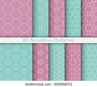 Patrón sin brillo establecido en estilo árabe. Fondo lineal geométrico de color gráfico elegante. Textura de línea de arte para papel de pared, tarjeta, invitación, banner, impresión de tela. Ornamento étnico, ilustración vectorial