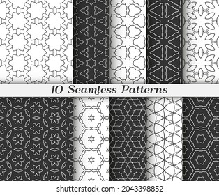 Seamless pattern set in arabic style. Stylish black and white graphic, geometric linear background. Line art texture for wallpaper, card, invitation, banner, fabric print. Ethnic ornament, vector illu