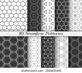 Seamless pattern set in arabic style. Stylish black and white graphic, geometric linear background. Line art texture for wallpaper, card, invitation, banner, fabric print. Ethnic ornament, vector illu