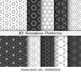 Seamless pattern set in arabic style. Stylish black and white graphic, geometric linear background. Line art texture for wallpaper, card, invitation, banner, fabric print. Tribal ethnic ornament
