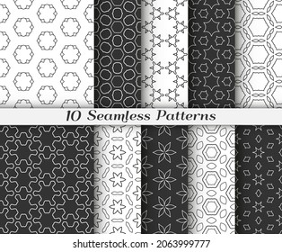 Seamless pattern set in arabic style. Stylish black and white graphic, geometric linear background. Line art texture for wallpaper, card, invitation, banner, fabric print. Ethnic ornament, vector illu