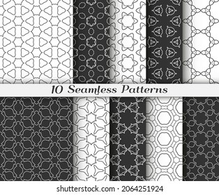 Seamless pattern set in arabic style. Stylish black and white graphic, geometric linear background. Line art texture for wallpaper, card, invitation, banner, fabric print. Ethnic ornament, vector illu