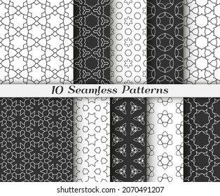 Seamless pattern set in arabic style. Stylish black and white graphic, geometric linear background. Line art texture for wallpaper, card, invitation, banner, fabric print. Ethnic ornament, vector illu
