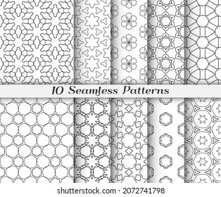 Seamless pattern set in arabic style. Stylish black and white graphic, geometric linear background. Line art texture for wallpaper, card, invitation, banner, fabric print. Ethnic ornament, vector illu
