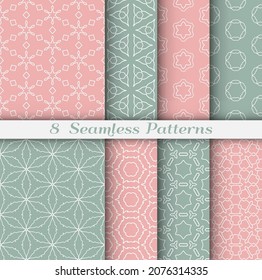 Seamless pattern set in arabic style. Stylish geometric line art white on colorful background. Repeating hexagonal texture for wallpaper, card, invitation, banner, fabric print. Tribal ethnic ornament