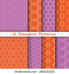 Seamless pattern set in arabic style. Stylish geometric line art white on colorful background. Repeating hexagonal texture for wallpaper, card, invitation, banner, fabric print. Tribal ethnic ornament