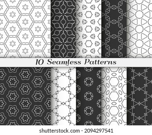 Seamless pattern set in arabic style. Stylish black and white graphic, geometric linear background. Line art texture for wallpaper, card, invitation, banner, fabric print. Ethnic ornament, vector illu