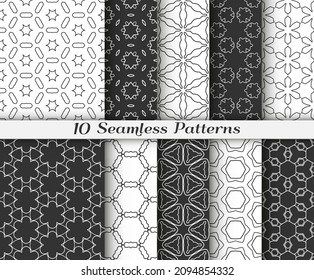 Seamless pattern set in arabic style. Stylish black and white graphic, geometric linear background. Line art texture for wallpaper, card, invitation, banner, fabric print. Ethnic ornament, vector illu