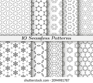 Seamless pattern set in arabic style. Stylish black and white graphic, geometric linear background. Line art texture for wallpaper, card, invitation, banner, fabric print. Ethnic ornament, vector illu