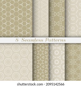 Seamless pattern set in arabic style. Stylish geometric line art white on colorful background. Repeating hexagonal texture for wallpaper, card, invitation, banner, fabric print. Tribal ethnic ornament