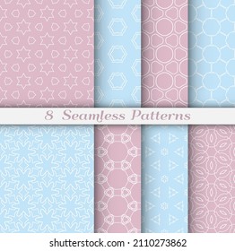Seamless pattern set in arabic style. Stylish geometric line art white on colorful background. Repeating hexagonal texture for wallpaper, card, invitation, banner, fabric print. Tribal ethnic ornament