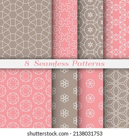 Seamless pattern set in arabic style. Stylish geometric line art white on colorful background. Repeating hexagonal texture for wallpaper, card, invitation, banner, fabric print. Tribal ethnic ornament
