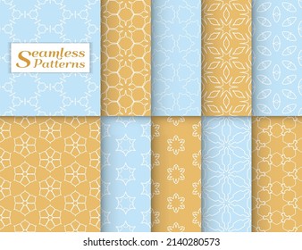 Seamless pattern set in arabic style. Stylish graphic colored geometric linear background. Line art texture for wallpaper, card, invitation, banner, fabric print. Ethnic ornament, vector illustration
