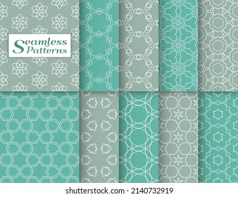 Seamless pattern set in arabic style. Stylish graphic colored geometric linear background. Line art texture for wallpaper, card, invitation, banner, fabric print. Ethnic ornament, vector illustration