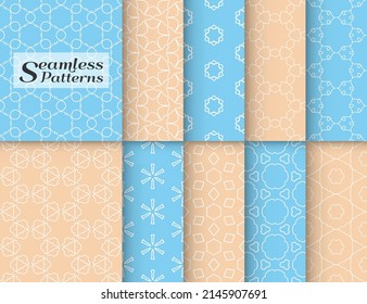 Seamless pattern set in arabic style. Stylish graphic colored geometric linear background. Line art texture for wallpaper, card, invitation, banner, fabric print. Ethnic ornament, vector illustration