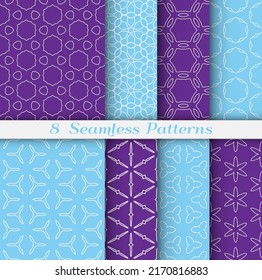 Seamless pattern set in arabic style. Stylish geometric line art white on colorful background. Repeating hexagonal texture for wallpaper, card, invitation, banner, fabric print. Tribal ethnic ornament