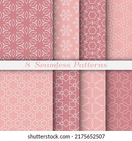 Seamless pattern set in arabic style. Stylish geometric line art white on colorful background. Repeating hexagonal texture for wallpaper, card, invitation, banner, fabric print. Tribal ethnic ornament