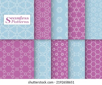 Seamless pattern set in arabic style. Stylish graphic colored geometric linear background. Line art texture for wallpaper, card, invitation, banner, fabric print. Ethnic ornament, vector illustration