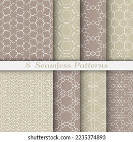 Seamless pattern set in arabic style. Stylish geometric line art white on colorful background. Repeating hexagonal texture for wallpaper, card, invitation, banner, fabric print. Tribal ethnic ornament