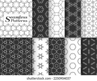 Seamless pattern set in arabic style. Stylish black and white graphic, geometric linear background. Line art texture for wallpaper, card, invitation, banner, fabric print. Ethnic ornament