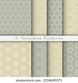 Seamless pattern set in arabic style. Stylish geometric line art white on colorful background. Repeating hexagonal texture for wallpaper, card, invitation, banner, fabric print. Tribal ethnic ornament