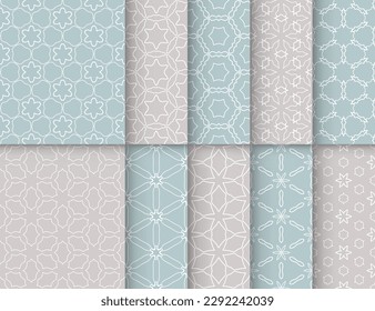Seamless pattern set in arabic style. Stylish graphic colored geometric linear background. Line art texture for wallpaper, card, invitation, banner, fabric print. Ethnic ornament, vector illustration