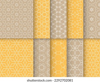 Seamless pattern set in arabic style. Stylish graphic colored geometric linear background. Line art texture for wallpaper, card, invitation, banner, fabric print. Ethnic ornament, vector illustration
