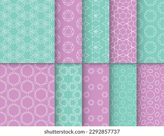 Seamless pattern set in arabic style. Stylish graphic colored geometric linear background. Line art texture for wallpaper, card, invitation, banner, fabric print. Ethnic ornament, vector illustration