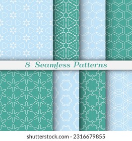 Seamless pattern set in arabic style. Stylish geometric line art white on colorful background. Repeating hexagonal texture for wallpaper, card, invitation, banner, fabric print. Tribal ethnic ornament