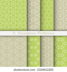 Seamless pattern set in arabic style. Stylish geometric line art white on colorful background. Repeating hexagonal texture for wallpaper, card, invitation, banner, fabric print. Tribal ethnic ornament