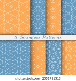 Seamless pattern set in arabic style. Stylish geometric line art white on colorful background. Repeating hexagonal texture for wallpaper, card, invitation, banner, fabric print. Tribal ethnic ornament